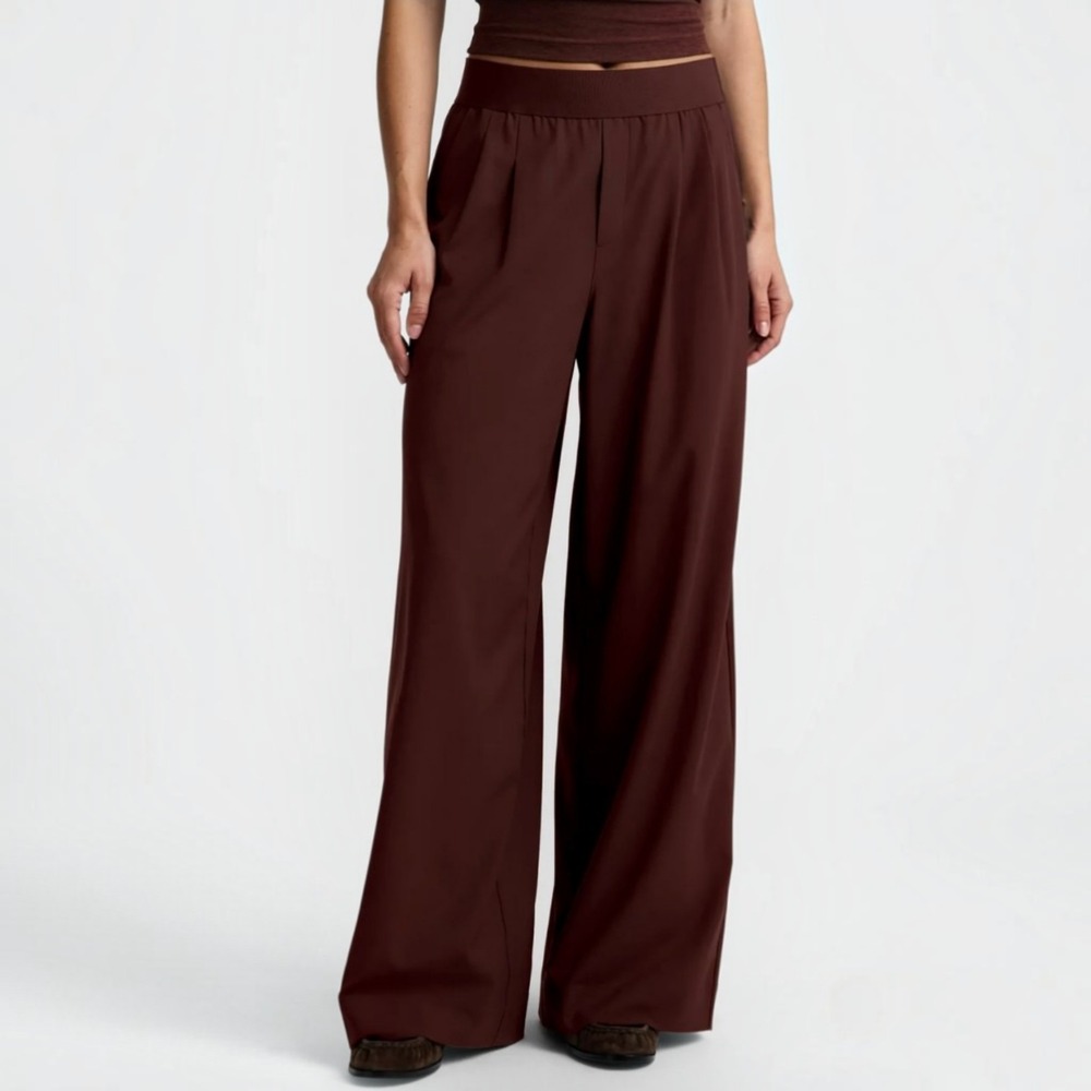 Beyond Yoga M Brown Wide Leg Pants Trouser Pleated Elastic Waist Athleisure